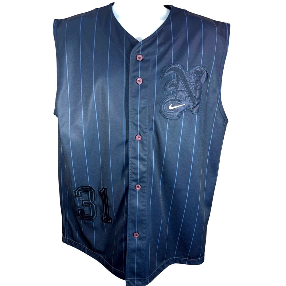 Vintage Nike Men's Big N Navy Blue Pinstriped #31 Jersey Shirt - Size Large